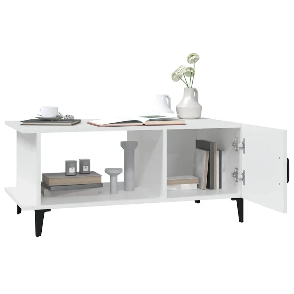 Coffee Table White 90x50x40 cm Engineered Wood with Storage Compartment and Metal Legs