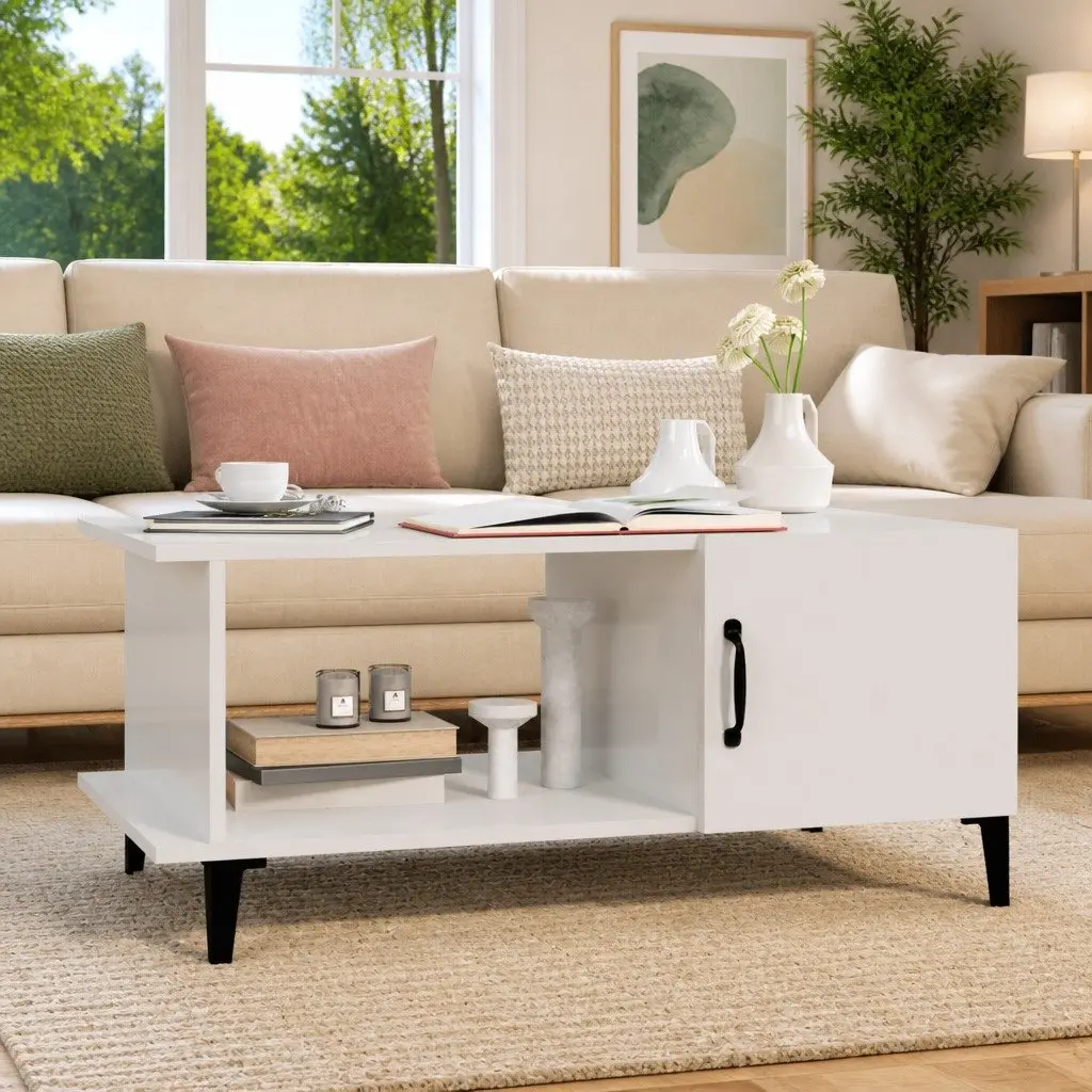 Coffee Table High Gloss White 90L x 50W x 40H cm Engineered Wood Metal Legs