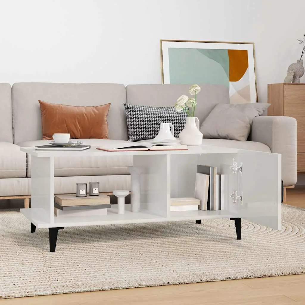 Coffee Table High Gloss White 90L x 50W x 40H cm Engineered Wood Metal Legs