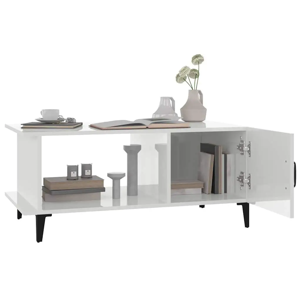 Coffee Table High Gloss White 90L x 50W x 40H cm Engineered Wood Metal Legs