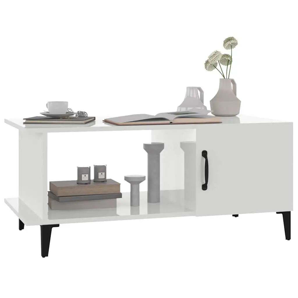 Coffee Table High Gloss White 90L x 50W x 40H cm Engineered Wood Metal Legs