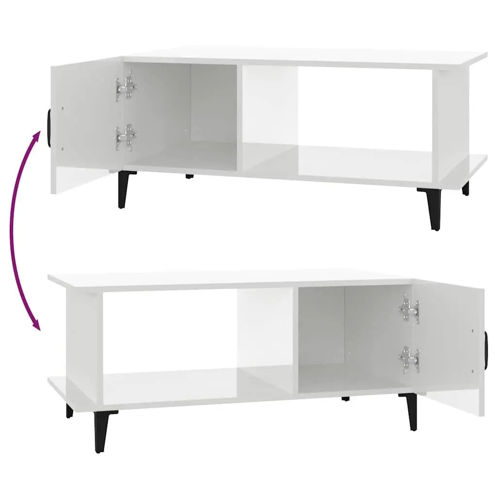 Coffee Table High Gloss White 90L x 50W x 40H cm Engineered Wood Metal Legs