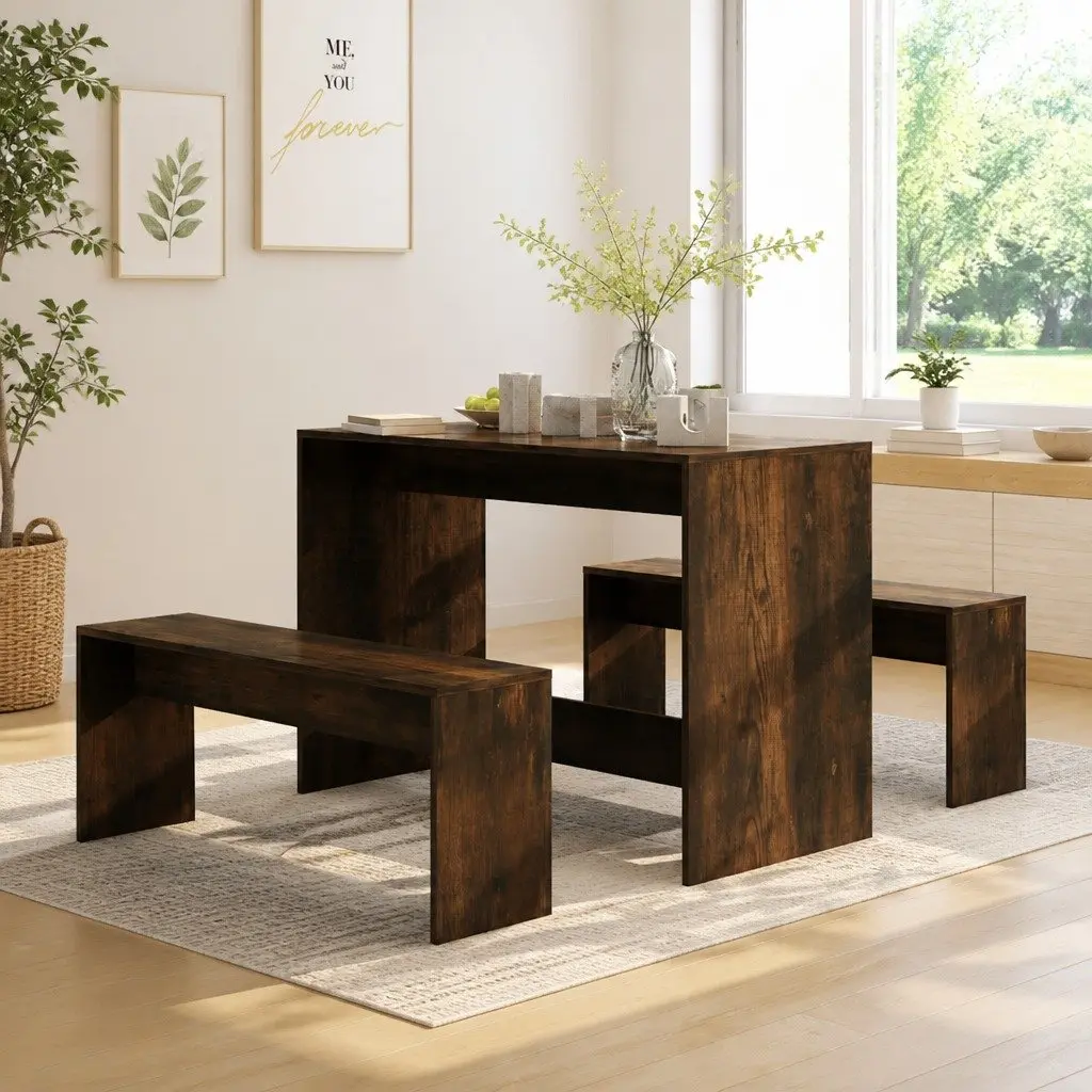 3 Piece Dining Set with Benches in Brown