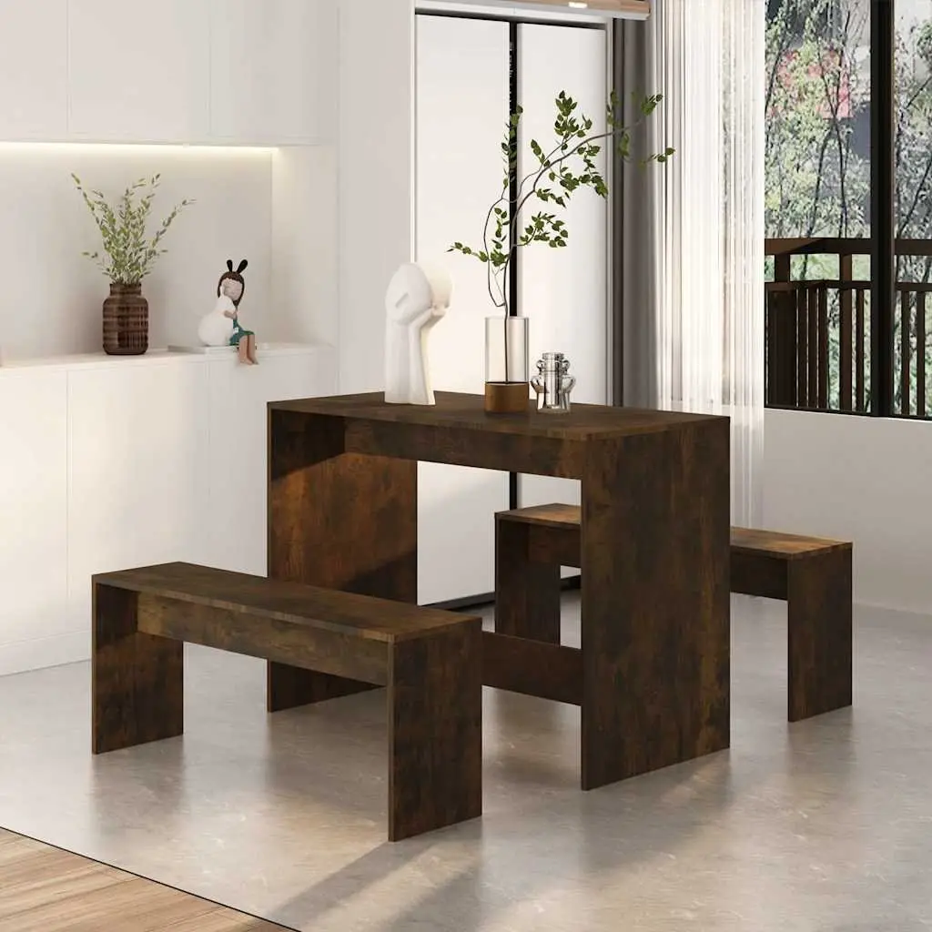 3 Piece Dining Set with Benches in Brown