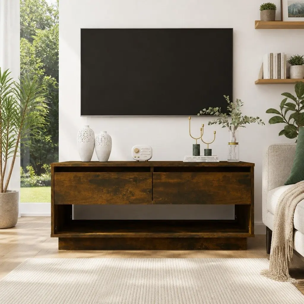 TV Cabinet Brown 102x41x44 cm Engineered Wood Living Room Storage Lowboard Drawers Open Compartment