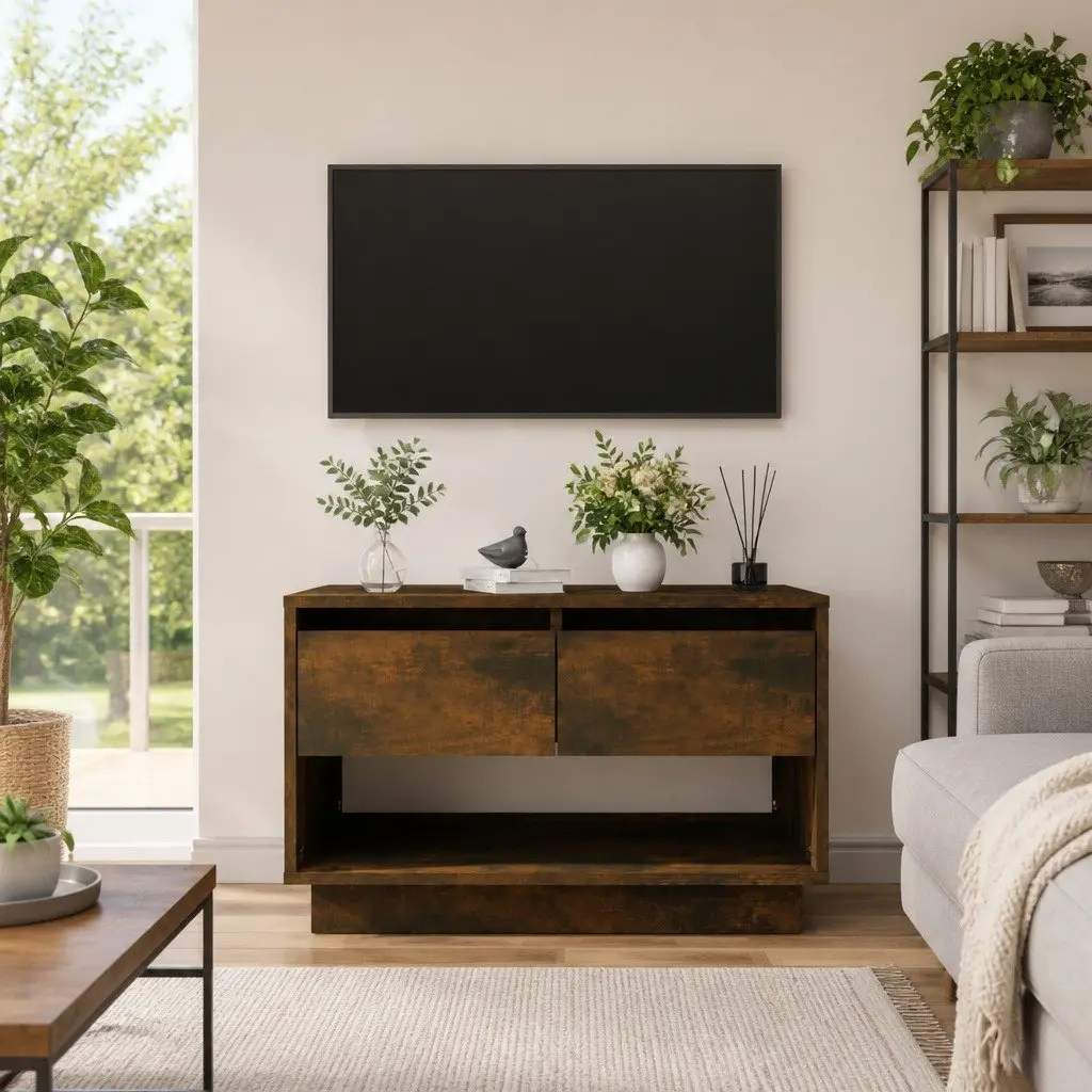 TV Cabinet Brown Engineered Wood 70 x 41 x 44 cm Living Room Storage Unit 2 Drawers Open Compartment Lowboard