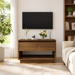 Warm Brown Oak TV Cabinet with Drawers and Open Compartment