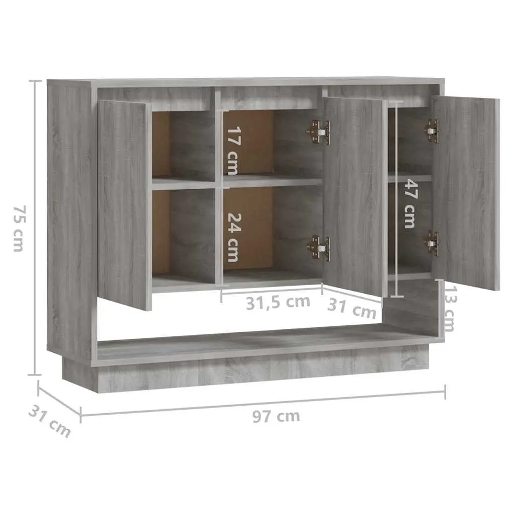 Sideboard Storage Cabinet Grey 97x31x75cm Engineered Wood 3 Door Buffet Cupboard Display Unit