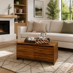 Brown Oak Coffee Table with Storage for Cozy Living Rooms