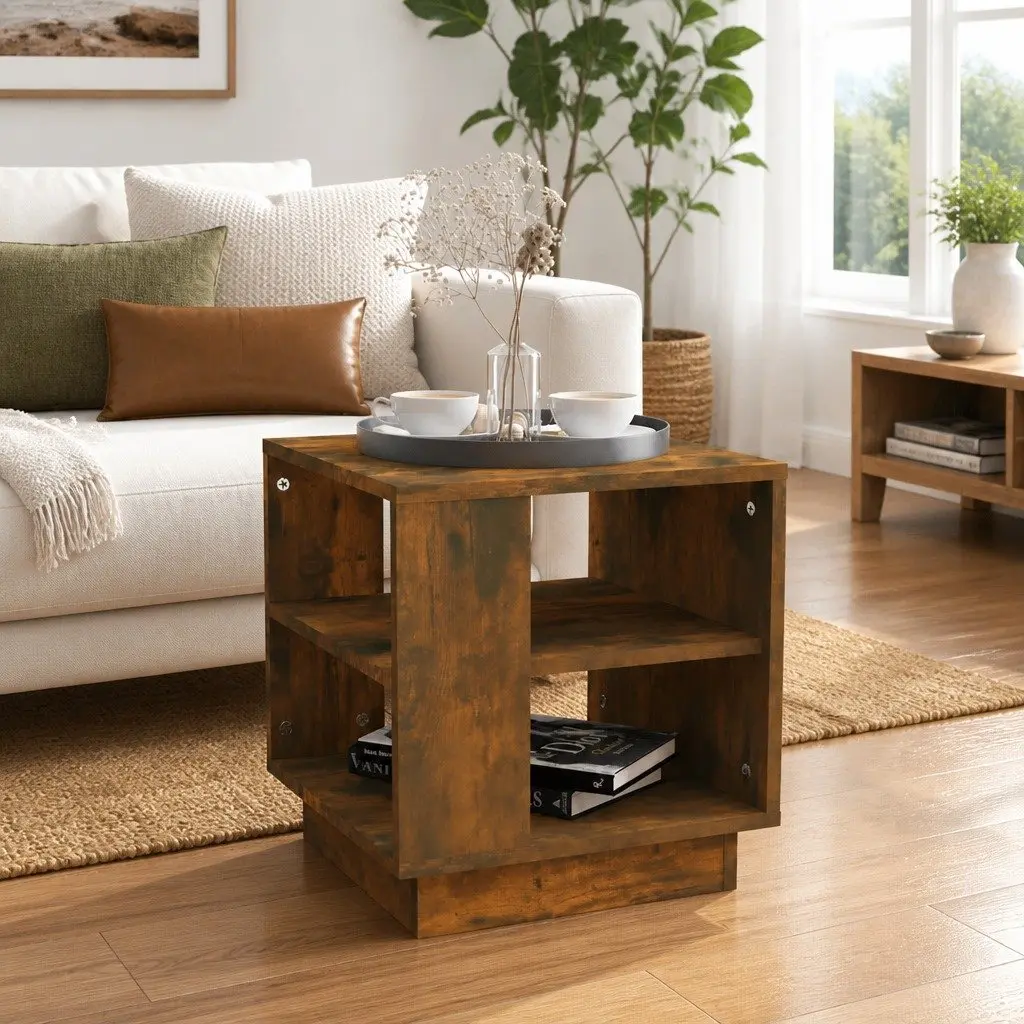 Coffee Table Modern Brown Engineered Wood 40 x 40 x 43 cm with 2 Shelves