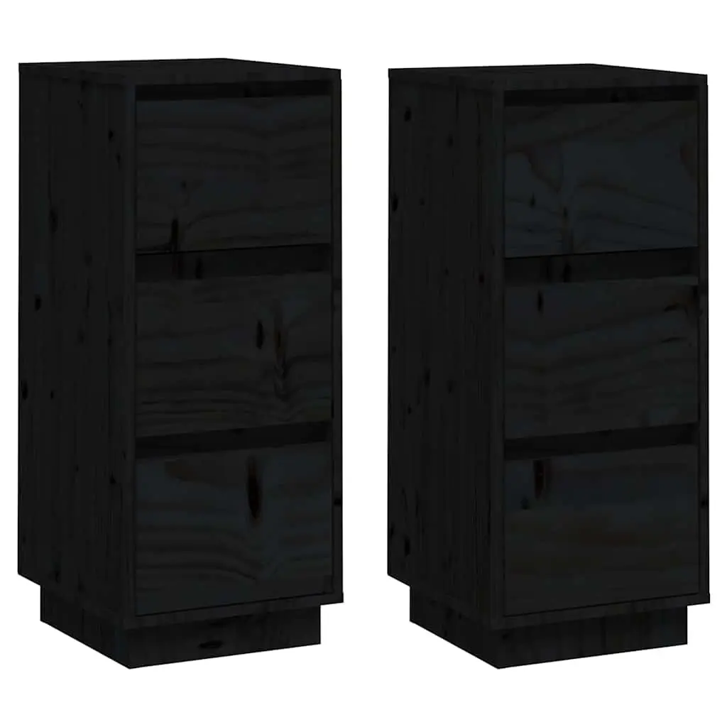 Solid Wood Sideboards 2 pcs Black Storage Cabinet Pinewood Living Room Furniture