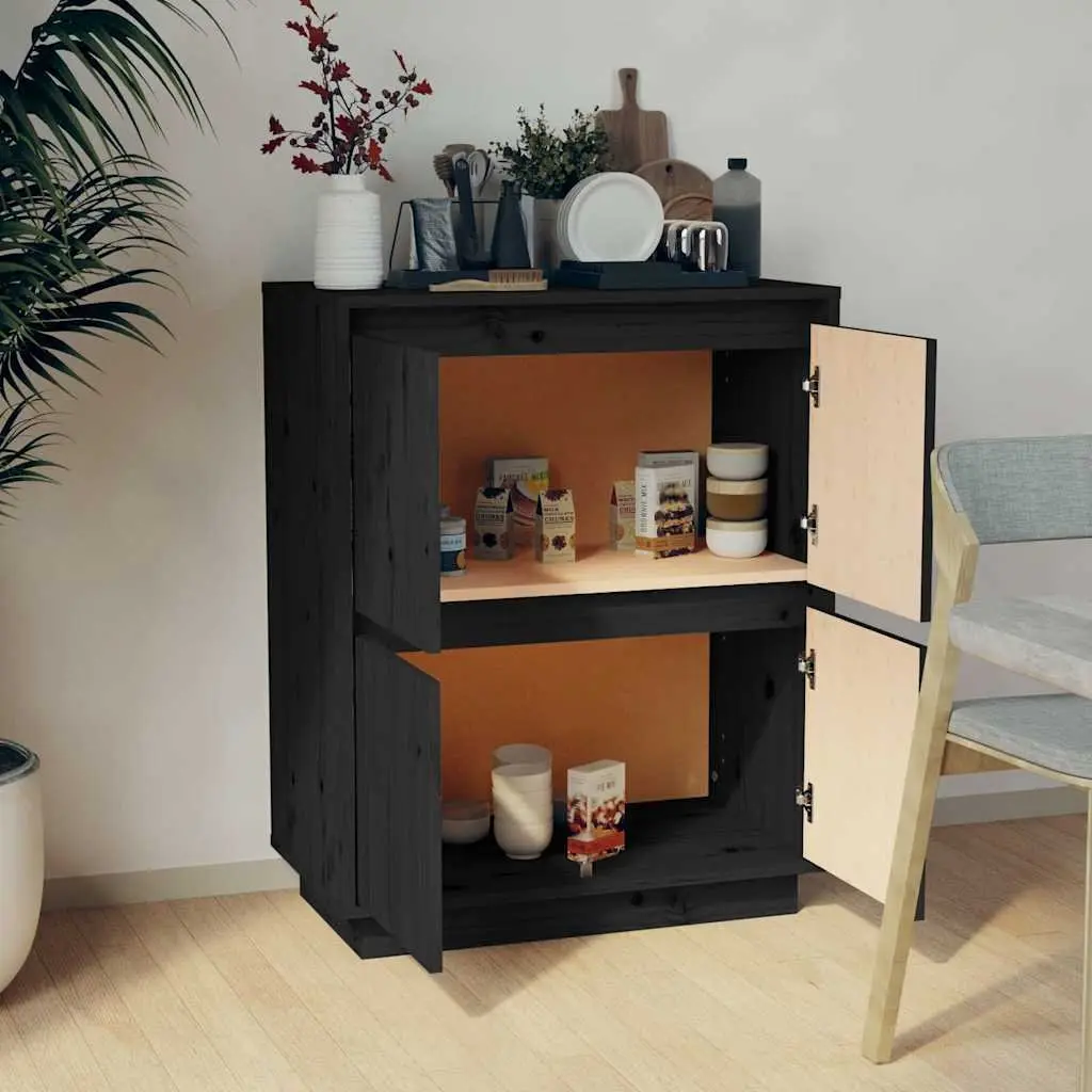 Wooden Sideboard Storage Cabinet Black 4 Doors Solid Pine Wood MDF