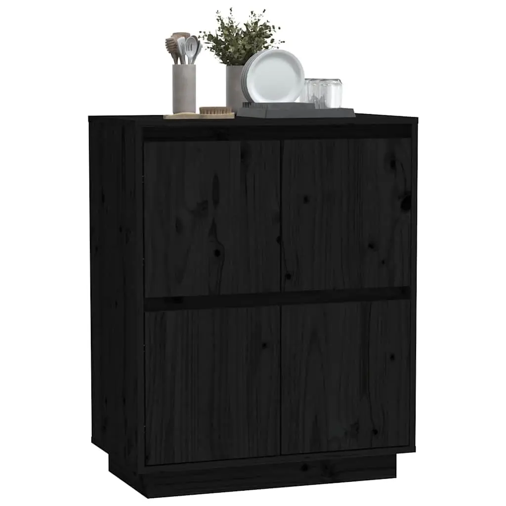 Wooden Sideboard Storage Cabinet Black 4 Doors Solid Pine Wood MDF