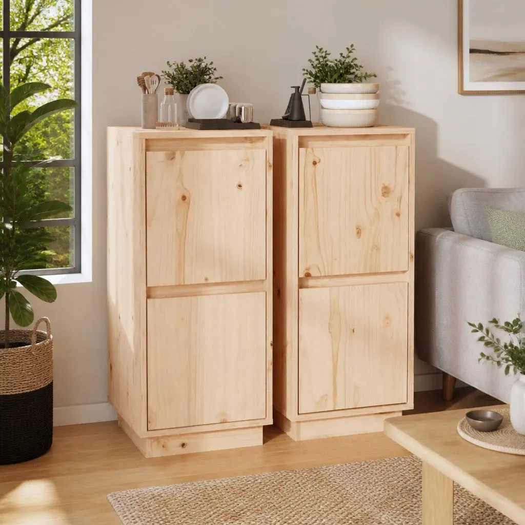Solid Wood Pine Sideboard Cabinet Brown 2 Door Storage Furniture Set