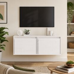Floating White Wall Cabinets - Set of 2 in Solid Pine