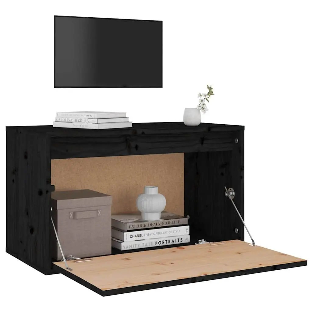 Wall Cabinet Black 60x30x35 cm Solid Pinewood Hanging Storage Shelves Unit