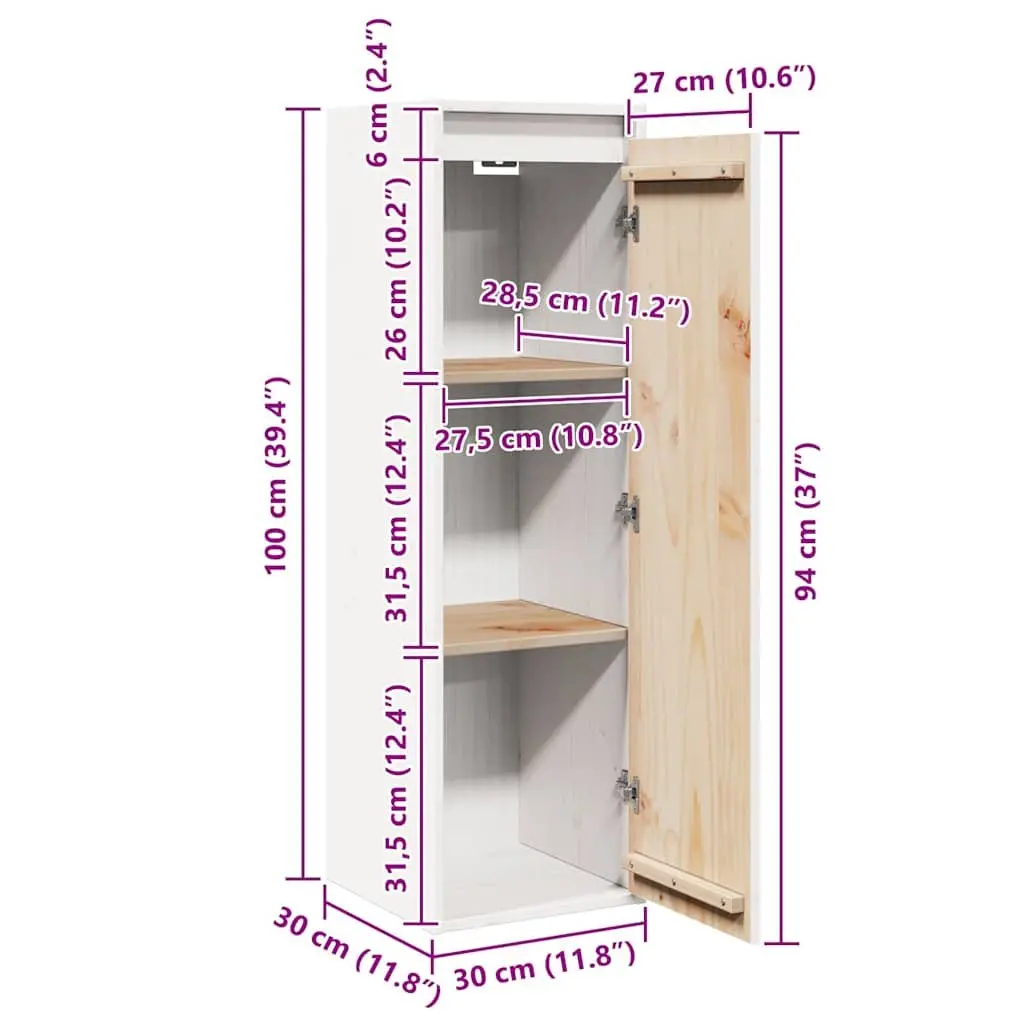 Wall Cabinet White 30x30x100 cm Solid Pine Wood Hanging Storage Shelving Unit