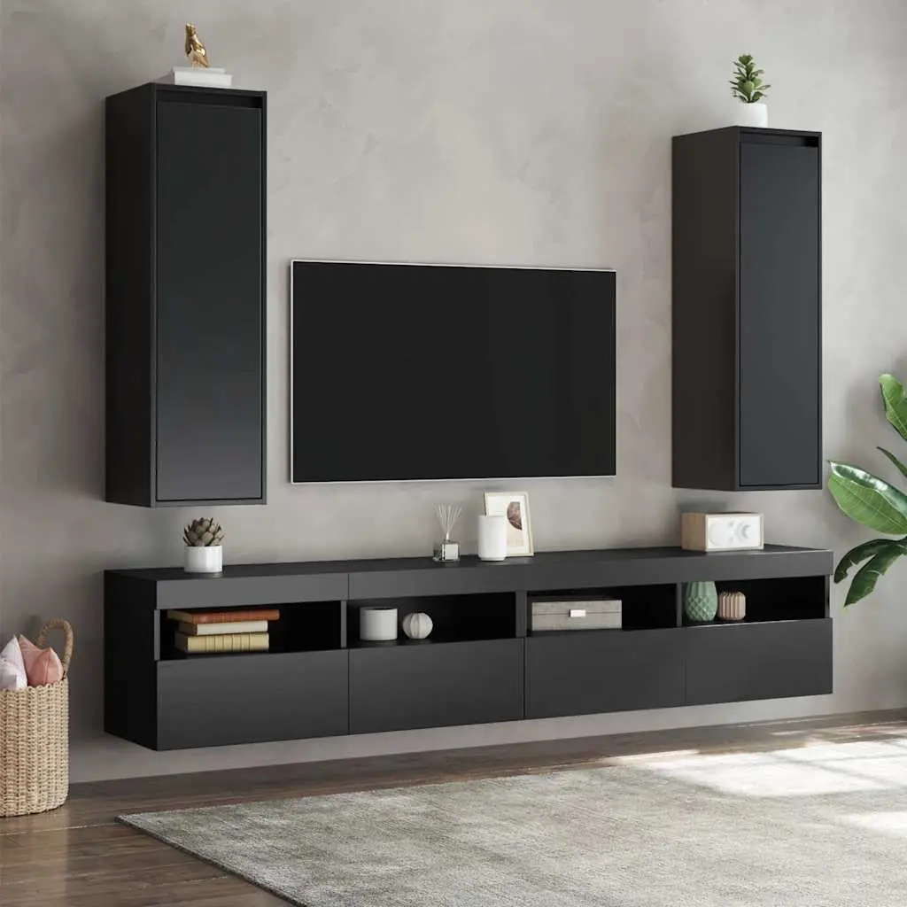 Wall Cabinets 2 pcs Black 30x30x100 cm Solid Pine Floating Storage Hanging Shelf