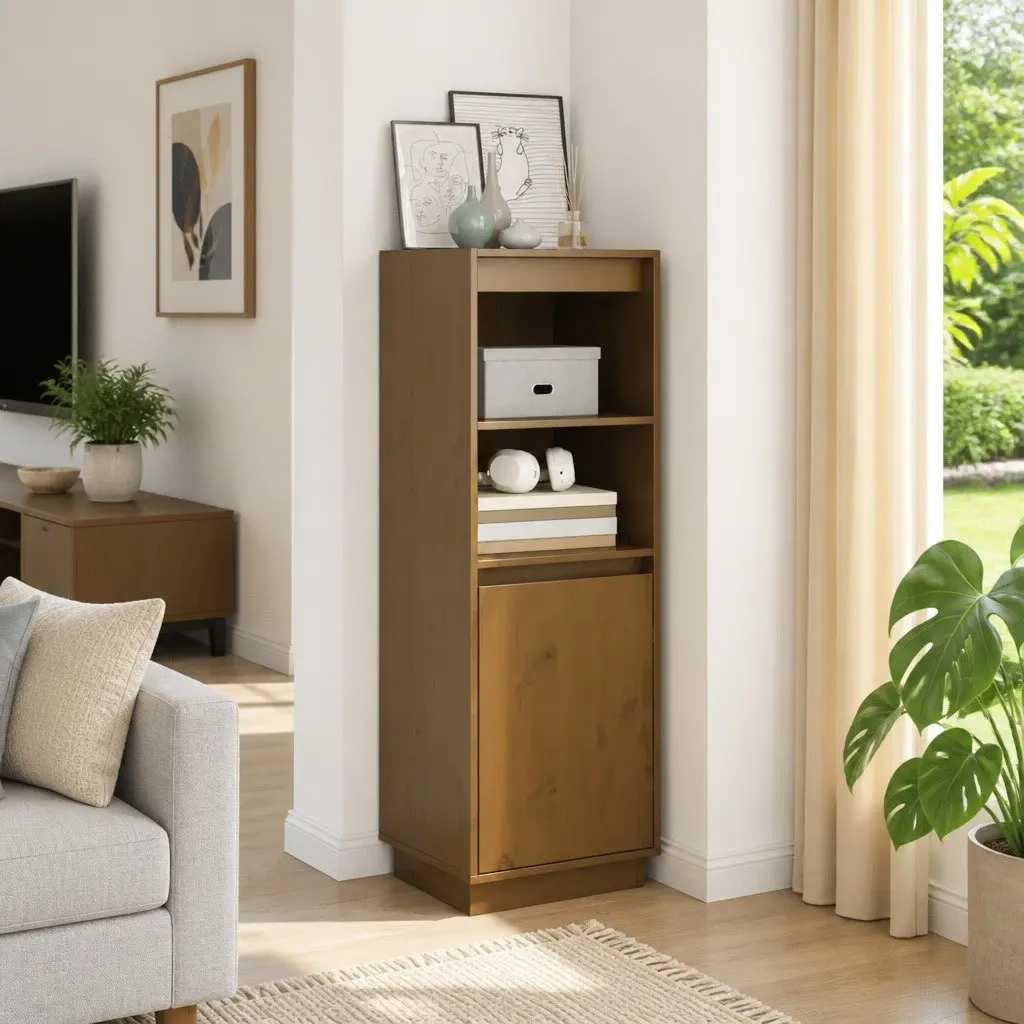Highboard Solid Wood Brown Storage Cabinet 37W x 34D x 110H cm Pine Wood