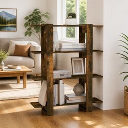 Brown Wooden Book Cabinet and Room Divider Shelf