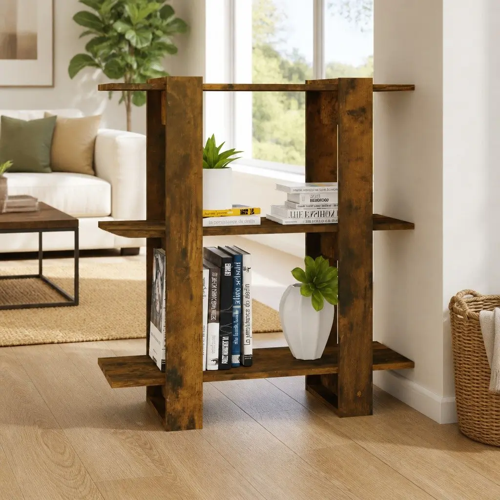 Wooden Book Storage Unit Brown Room Divider Shelf 80Wx30Dx87H cm