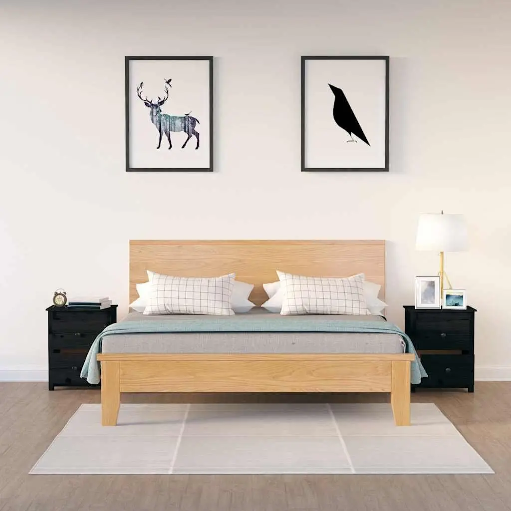 Bedside Cabinet 2 Pcs Black Solid Wood Pine Nightstand Drawer Storage Table