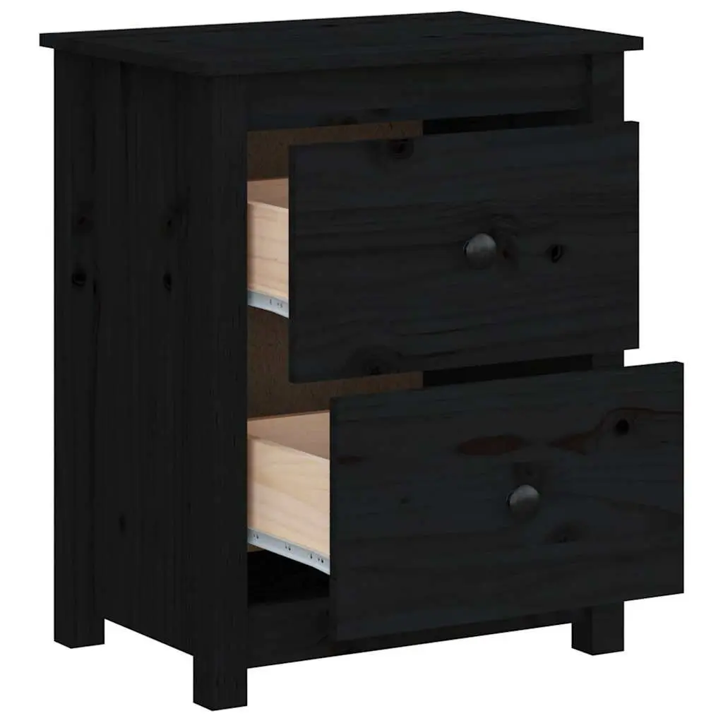 Bedside Cabinet 2 Pcs Black Solid Wood Pine Nightstand Drawer Storage Table