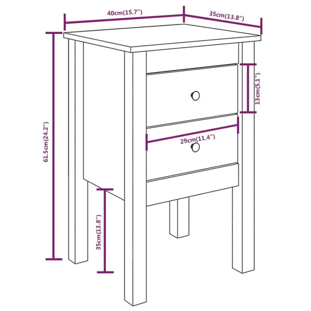 Bedside Cabinet White 40x35x61.5cm 2 Drawer Solid Pine Wood Bedroom Storage Table