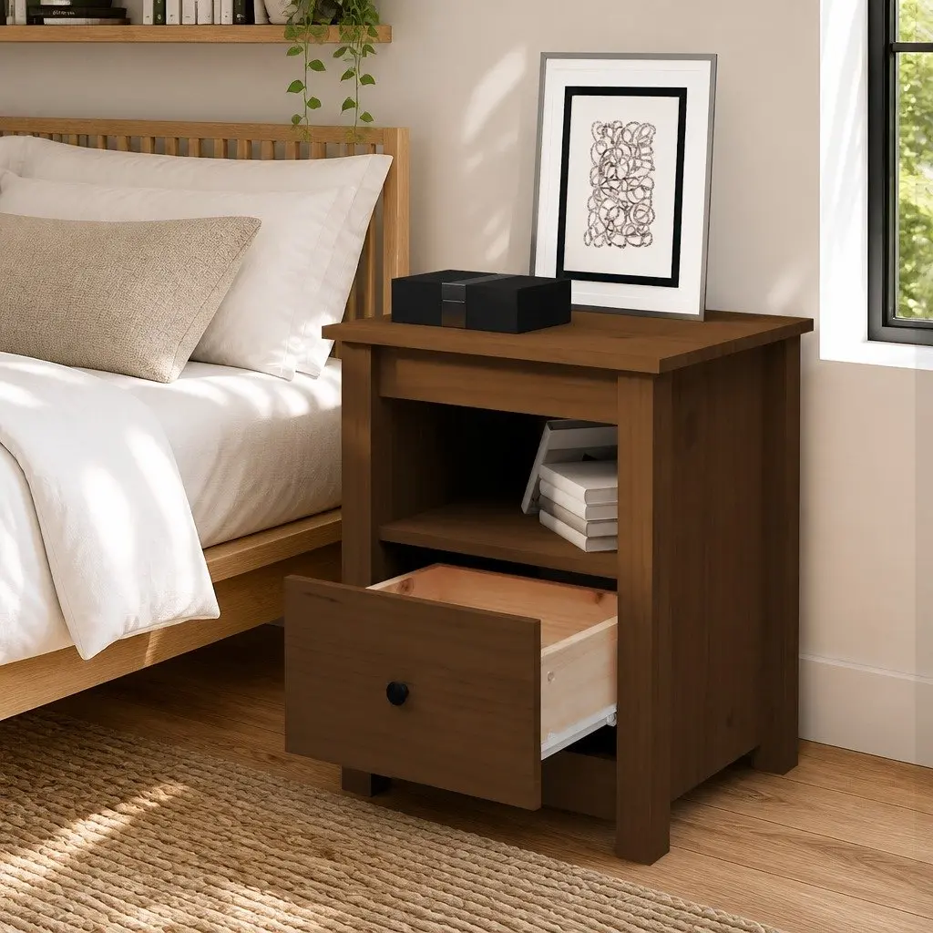 Pine Wood Nightstand Brown Storage Drawer Compact Bedside Table Furniture