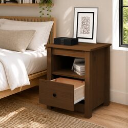 Solid Pine Wood Brown Bedside Cabinet with Drawer
