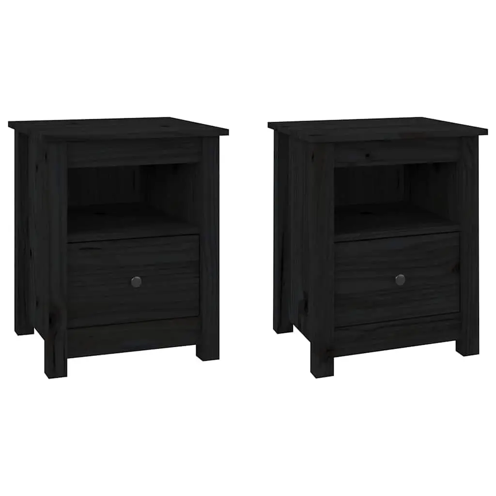 Black Solid Wood Pine Bedside Cabinets Set of 2