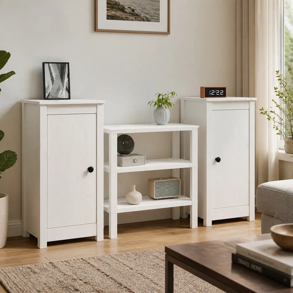 2-Piece White Solid Pine Sideboard Set for Living Rooms