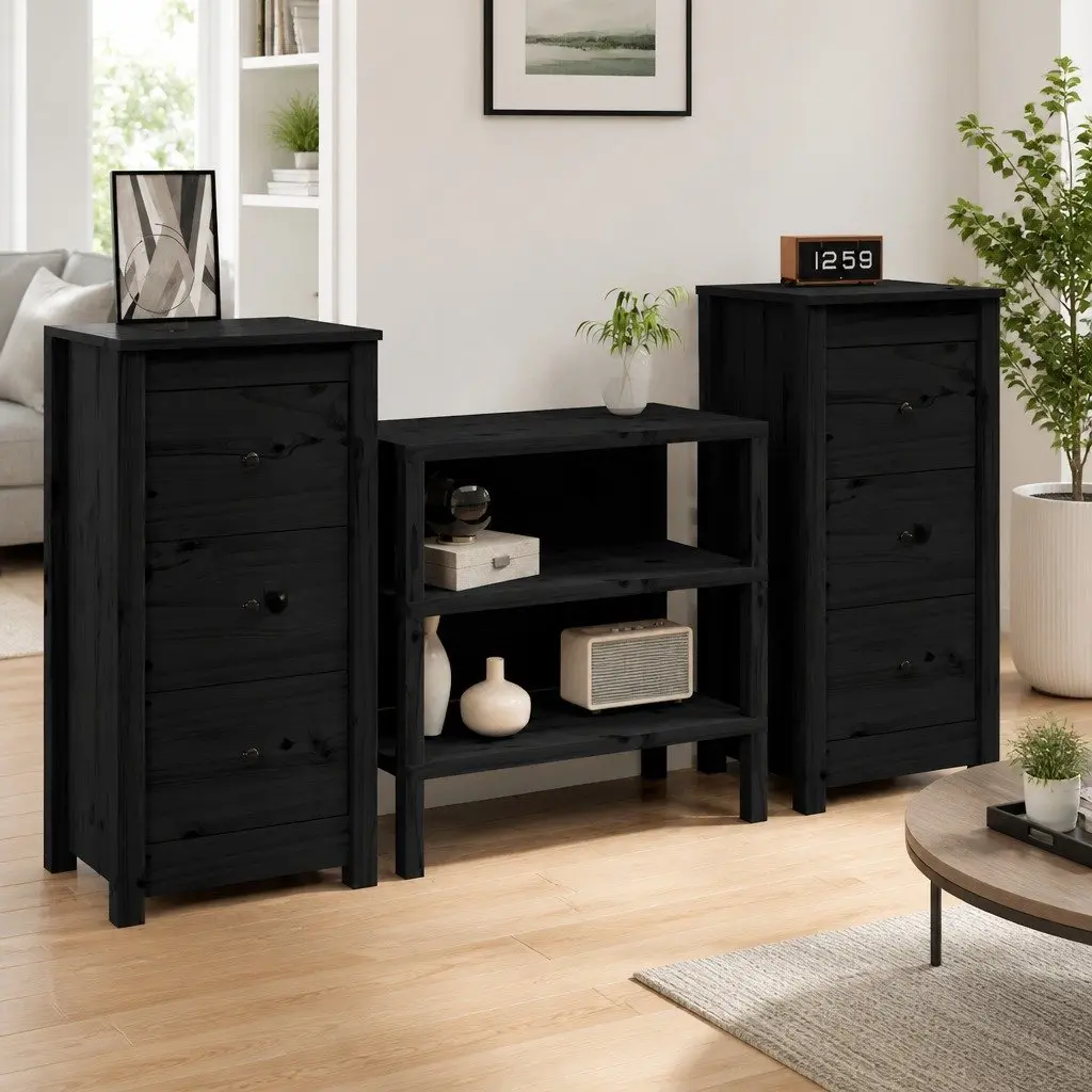 Solid Wood Pine Sideboard Black Storage Cabinet Living Room Furniture 40x35x80cm