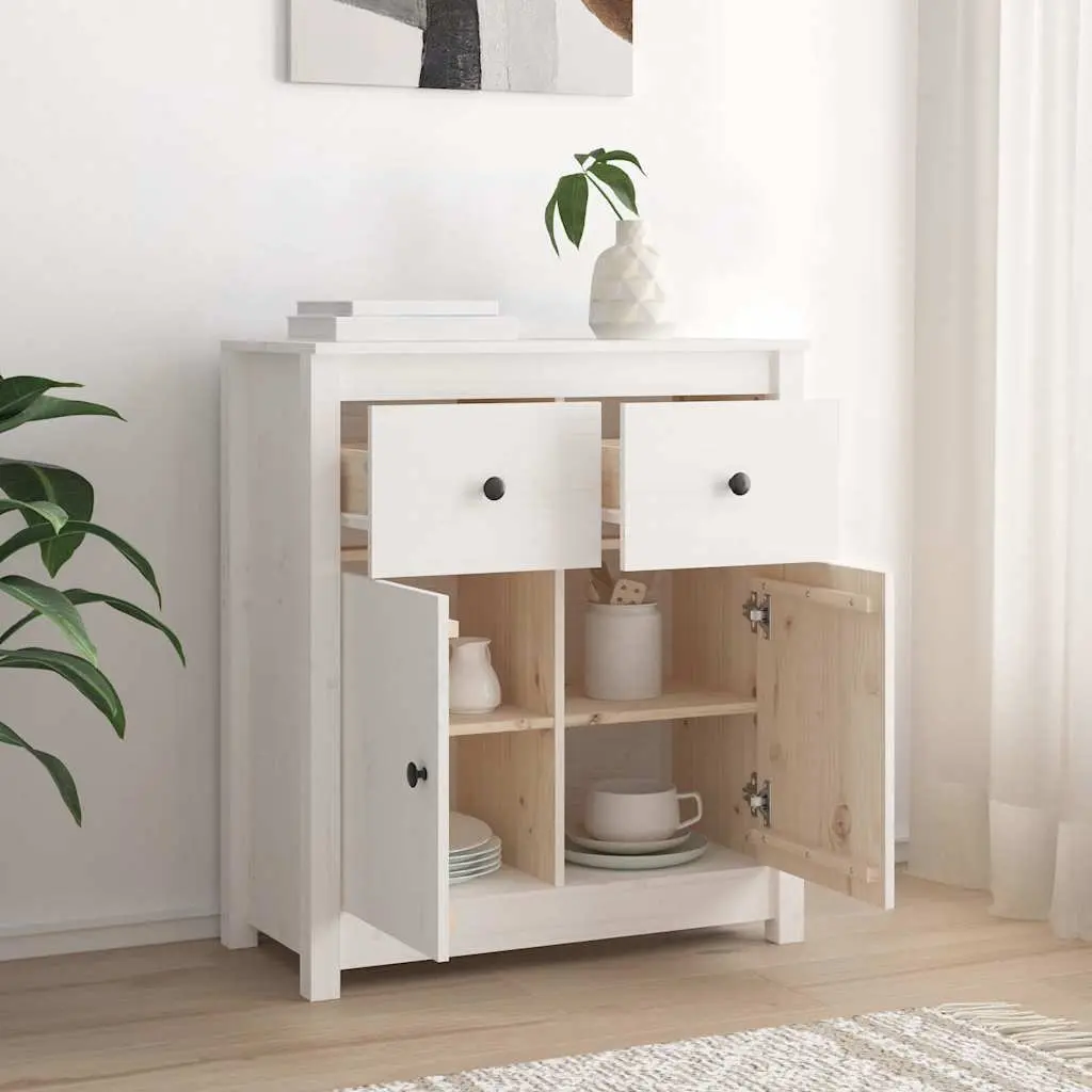 Wooden Storage Cabinet White Solid Pine Living Room Sideboard Rustic Style 70x35x80cm