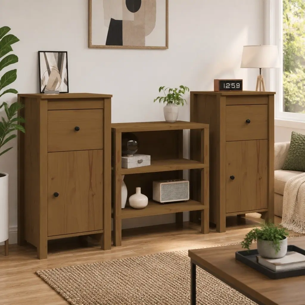 2-Piece Solid Wood Pine Sideboards in Brown