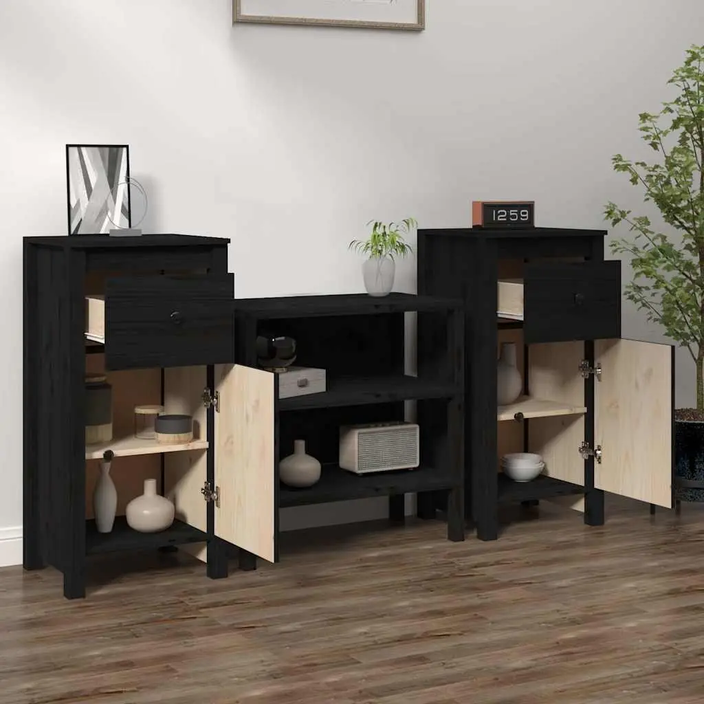 Pine Wood Sideboards Black Storage Cabinet 40cm W x 35cm D x 80cm H Set of 2