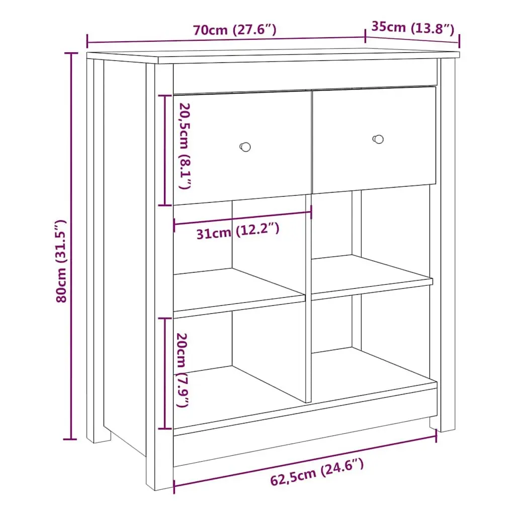 Sideboard White 70x35x80 cm Storage Cabinet 2 Drawers 4 Compartments