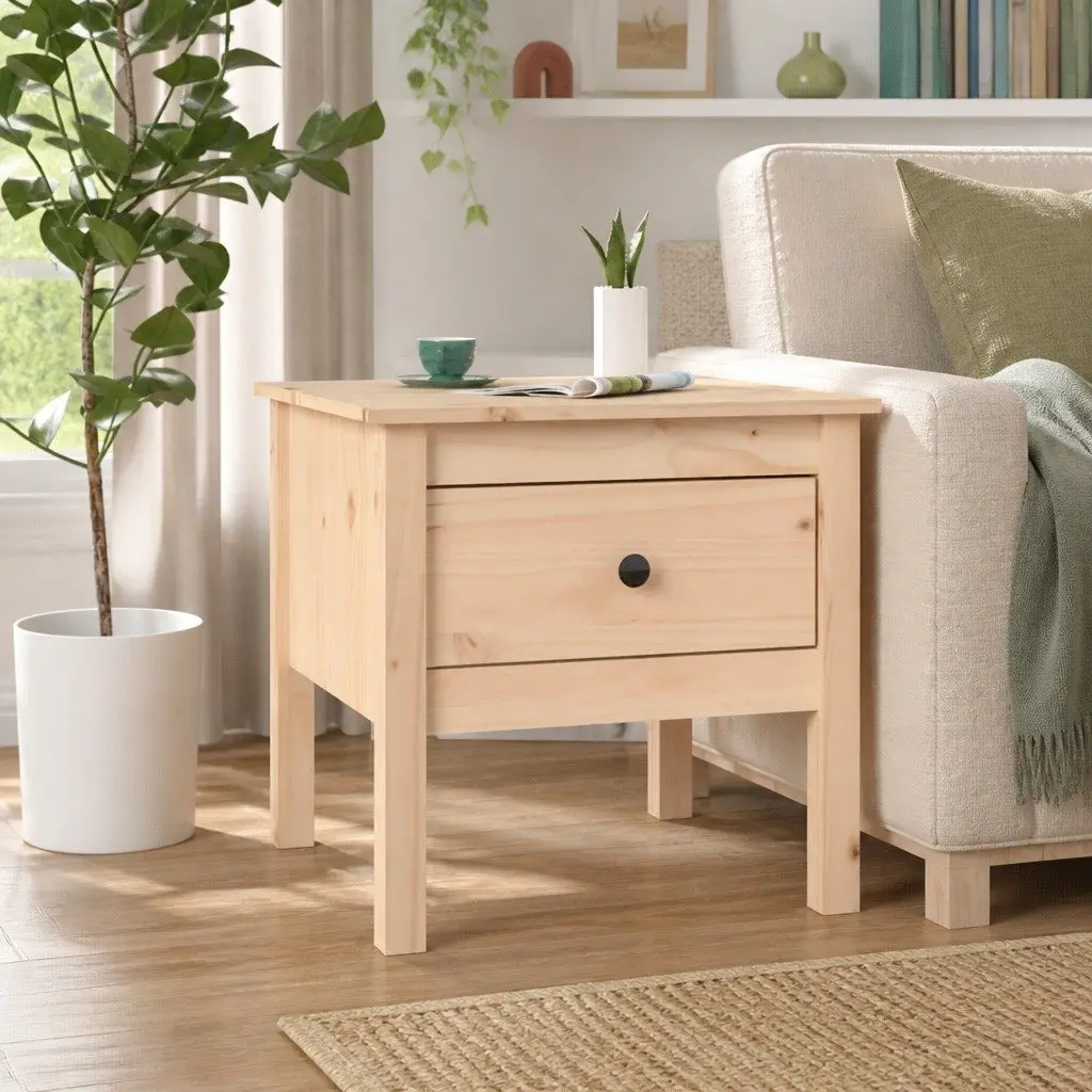 Pine Wood End Table Compact Brown 50x50x49cm Drawer Storage Side Table