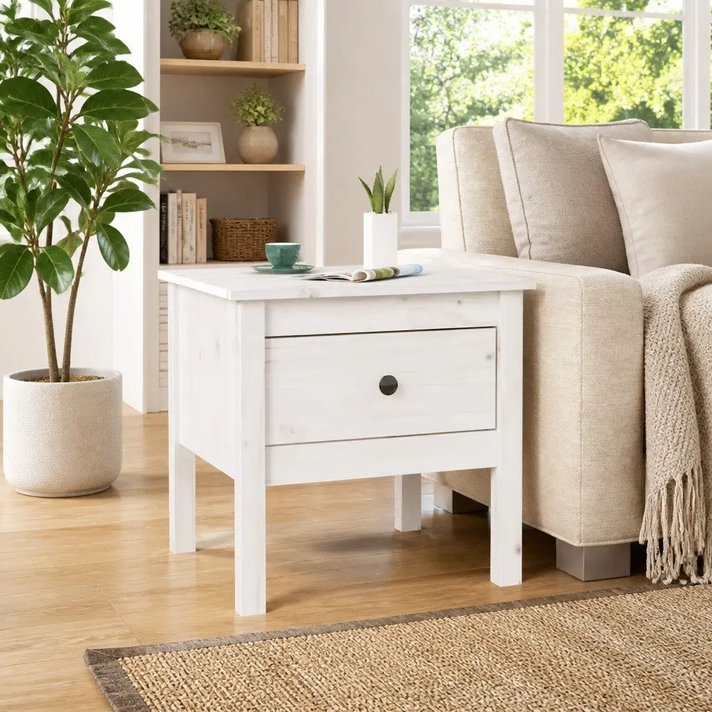Side Table White 50x50x49 cm Solid Pine Wood Drawer Storage