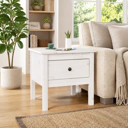 White Solid Pine Wood Side Table with Drawer