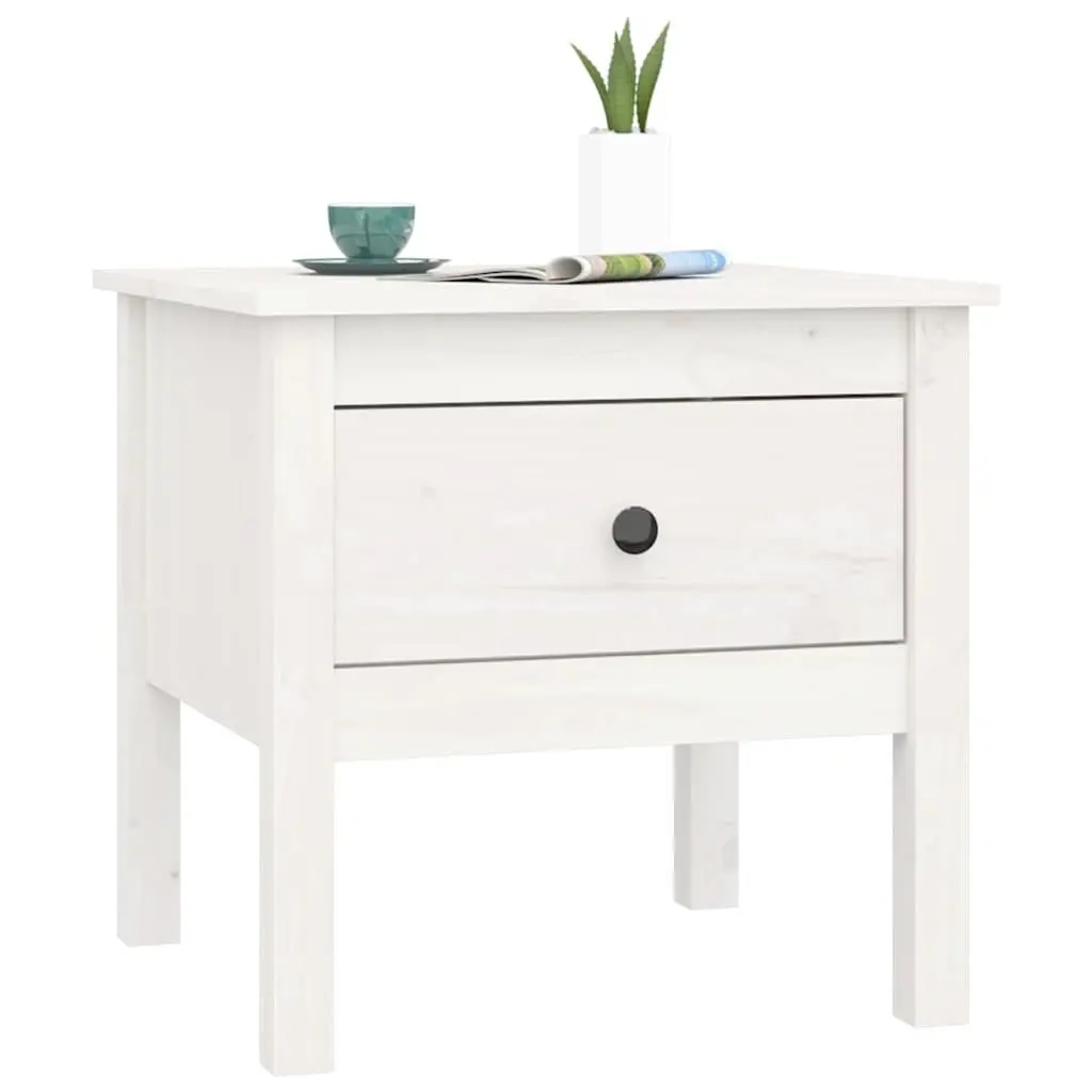 Side Table White 50x50x49 cm Solid Pine Wood Drawer Storage