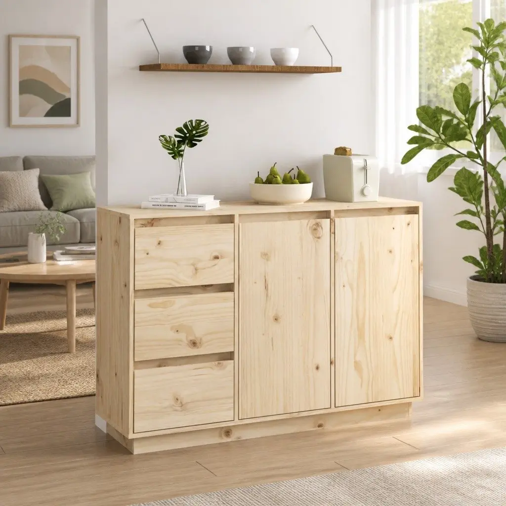 Pine Wood Sideboard Brown 2 Door 3 Drawer Storage Cabinet for Bedroom Living Room