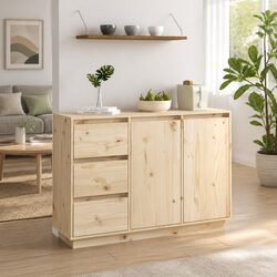 Brown Solid Wood Pine Sideboard with 2 Doors & 3 Drawers