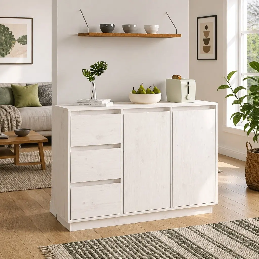 Solid Pine Wood Sideboard White Storage Cabinet 2 Doors 3 Drawers Living Room