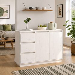 Rustic White Solid Pine Wood Sideboard with Storage