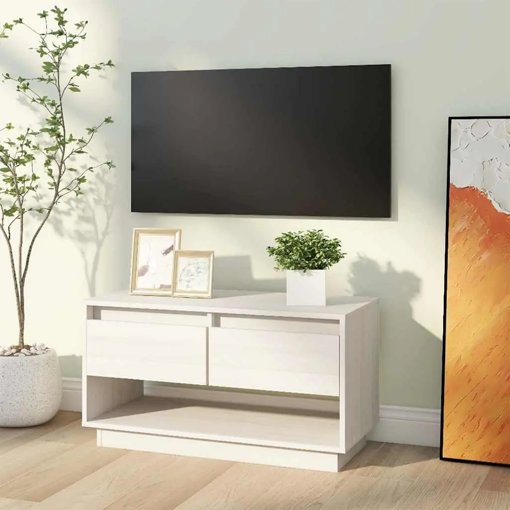 TV Cabinet White Solid Wood 74x34x40 cm Pine Wooden Storage Unit with Drawers