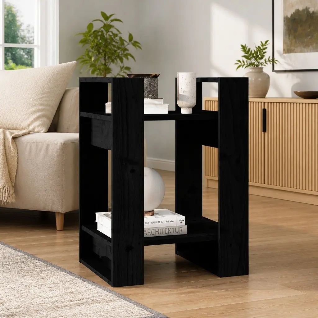 Black Solid Wood Book Cabinet Room Divider Shelving Unit 41x35x57cm Pinewood