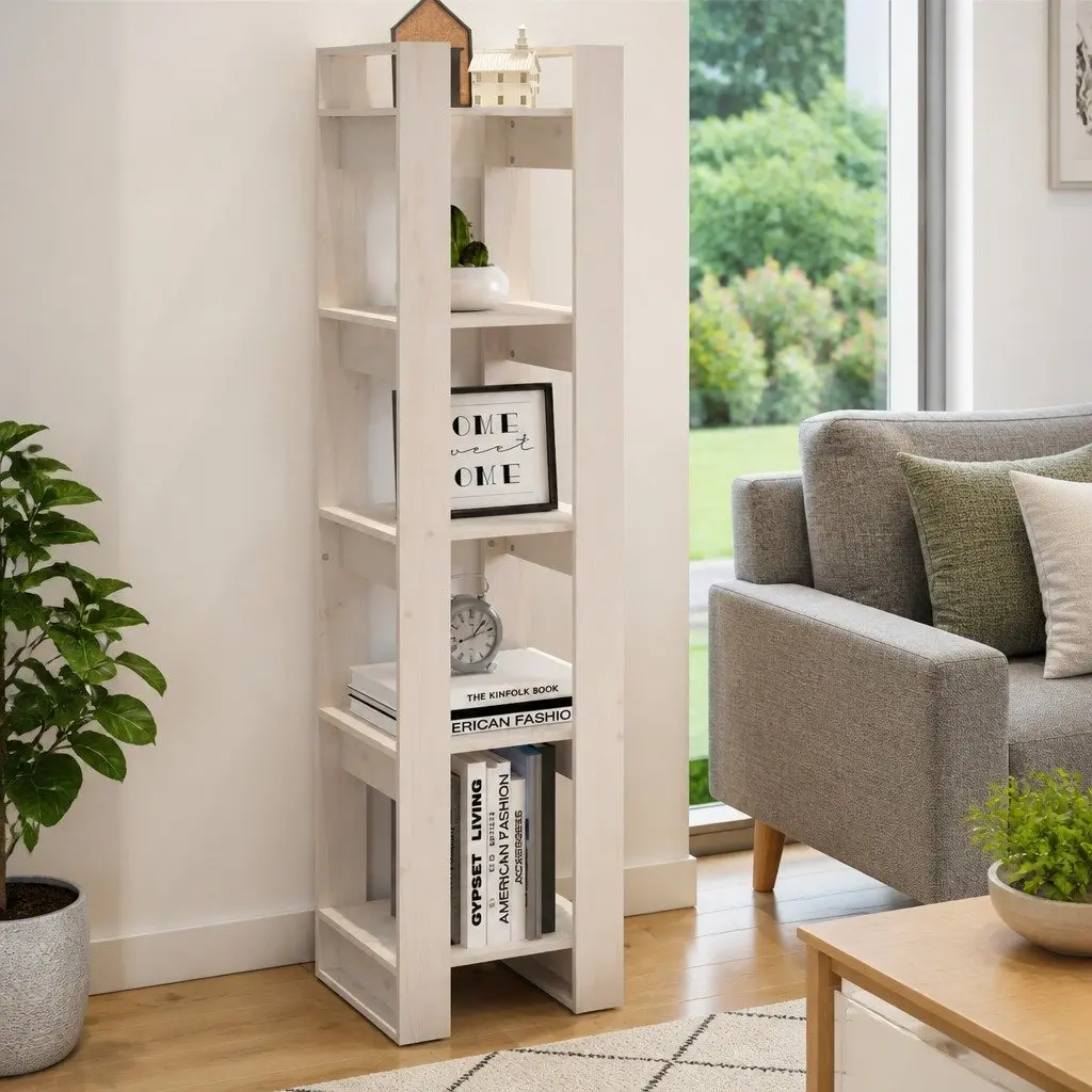 White Solid Pinewood Book Cabinet Room Divider 41x35x160 cm