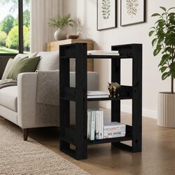 Black Solid Wood Pine Book Cabinet Room Divider 60x35x91 cm
