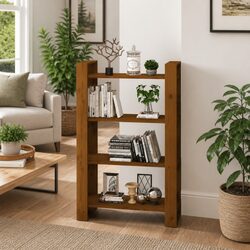Warm Brown Solid Pine Wood Book Cabinet Room Divider